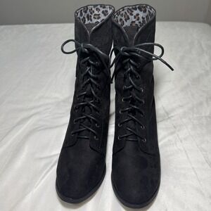 G.C Shoes Leopard Cuff Lace Up Ankle Boots Black Size 8.5 Chic Trendy